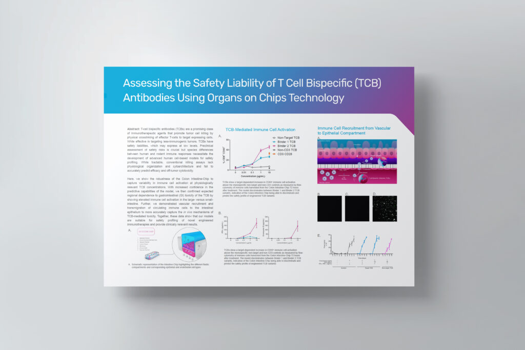 A poster titled "Assessing the Safety Liability of T Cell Bispecific (TCB) Antibodies Using Organs-on-Chips Technology".