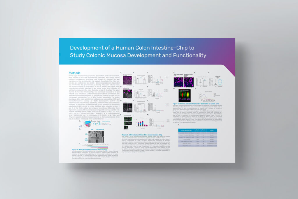 A poster titled "Development of a Human Colon Intestine-Chip to Study Colonic Mucosa Development and Functionality".