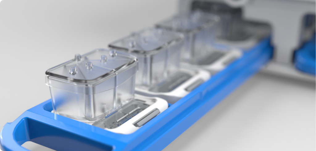 Close-up view of a Zoë tray loaded with Organ-Chips seated in Pods.