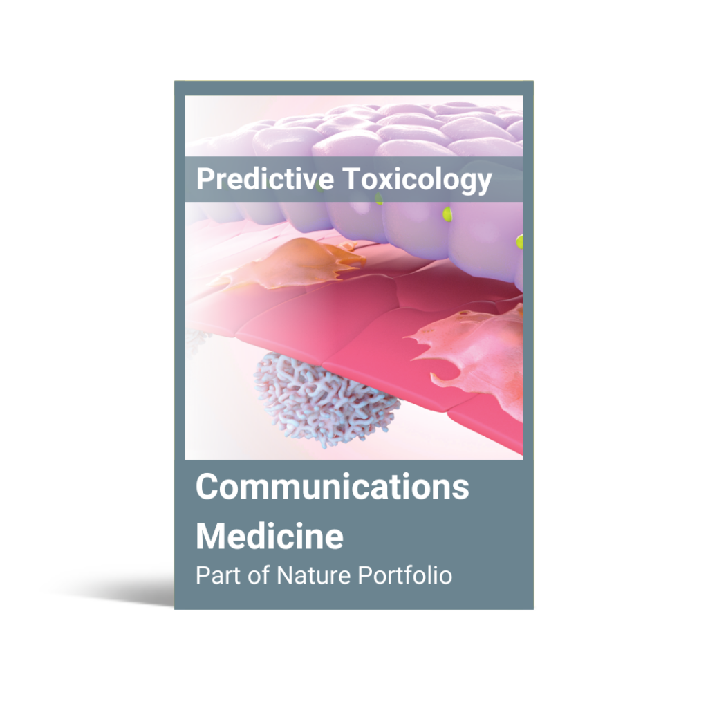 Mock-up of a magazine cover titled "Predictive Toxicology" at the top and "Communications Medicine, Part of Nature Portfolio" at the bottom